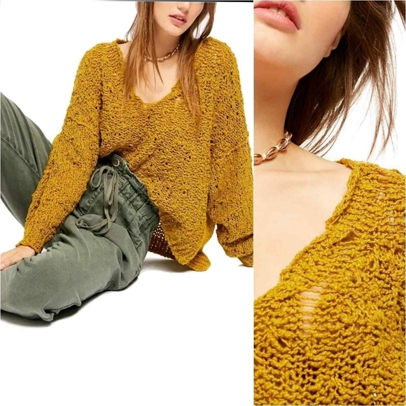 Free People Sunday Shore Cotton Blend Sweater Gold Show - Picture 1 of 9